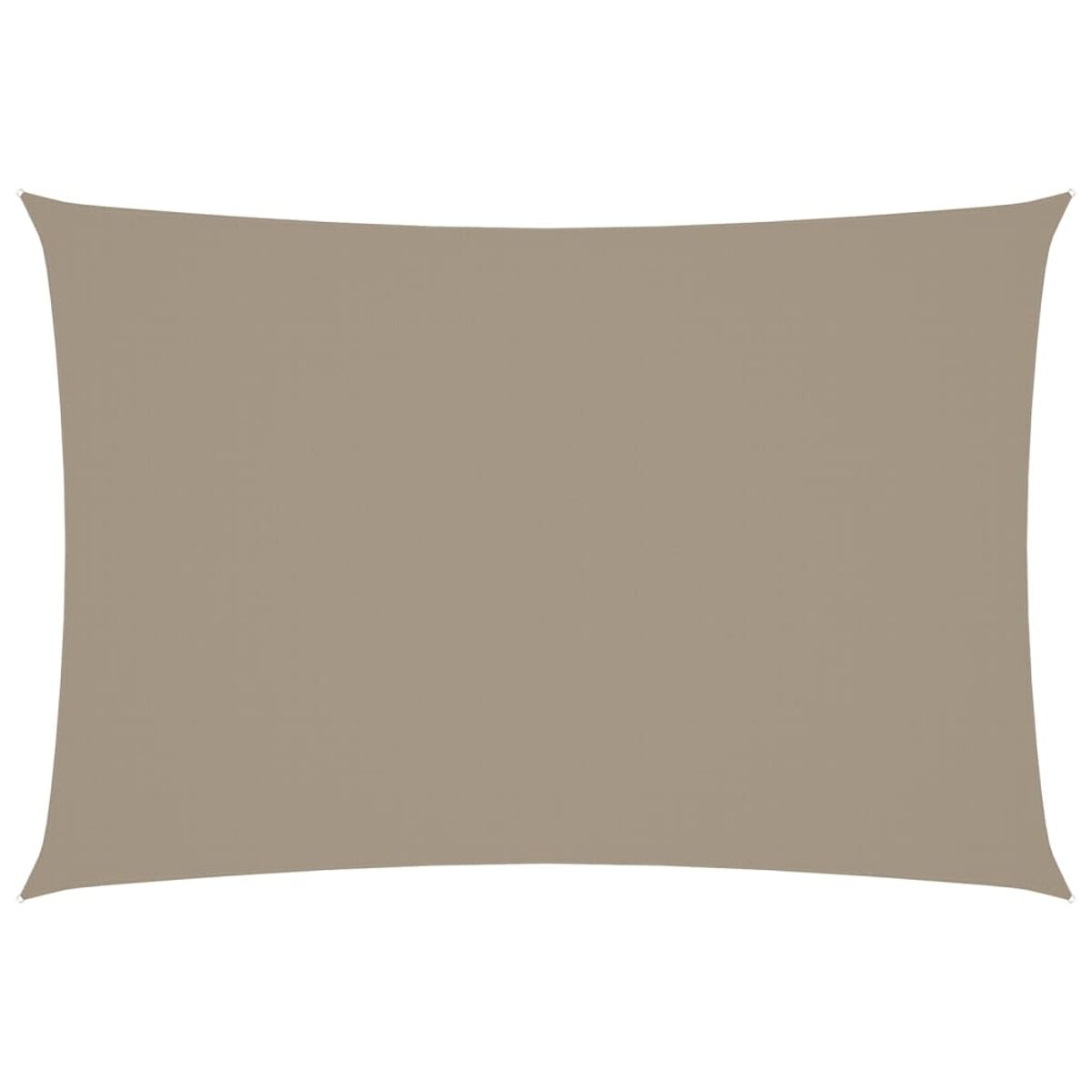 Beiges rechteckiges Sonnensegel. Weiße Ecken mit Befestigungen, schlichtes Design und neutrale Farbe.
