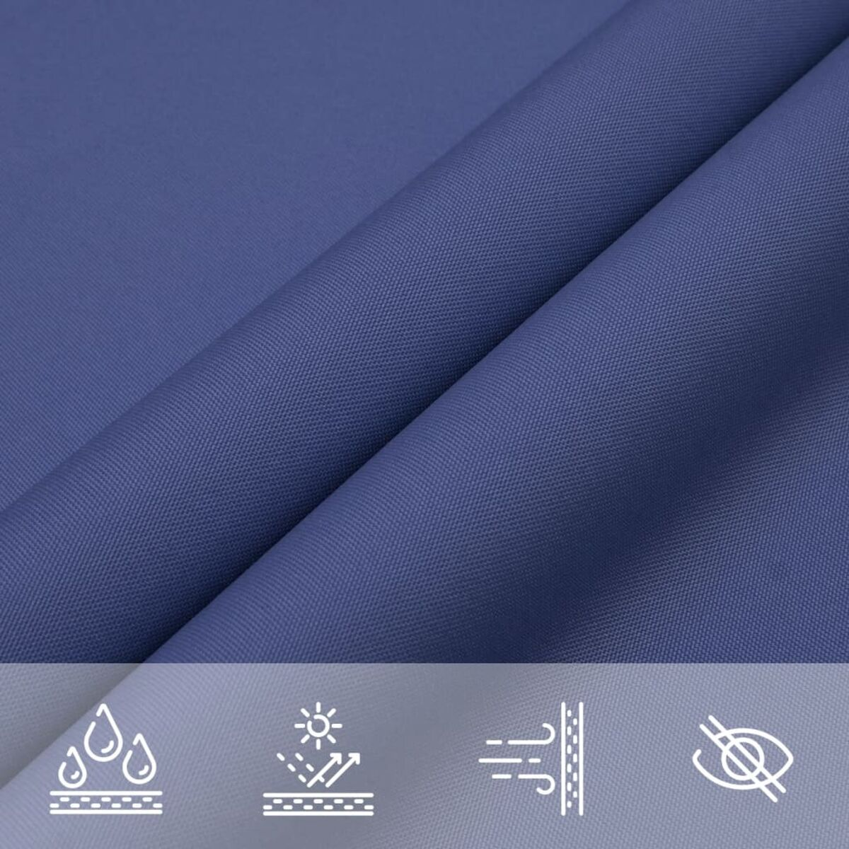 Blauer Stoff mit Symbolen für Regen, Sonnenschutz, Wind und kein Augenkontakt.
