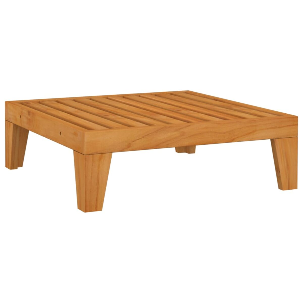Ein quadratischer Holztisch mit Lamellen. Der Tisch hat vier Beine.