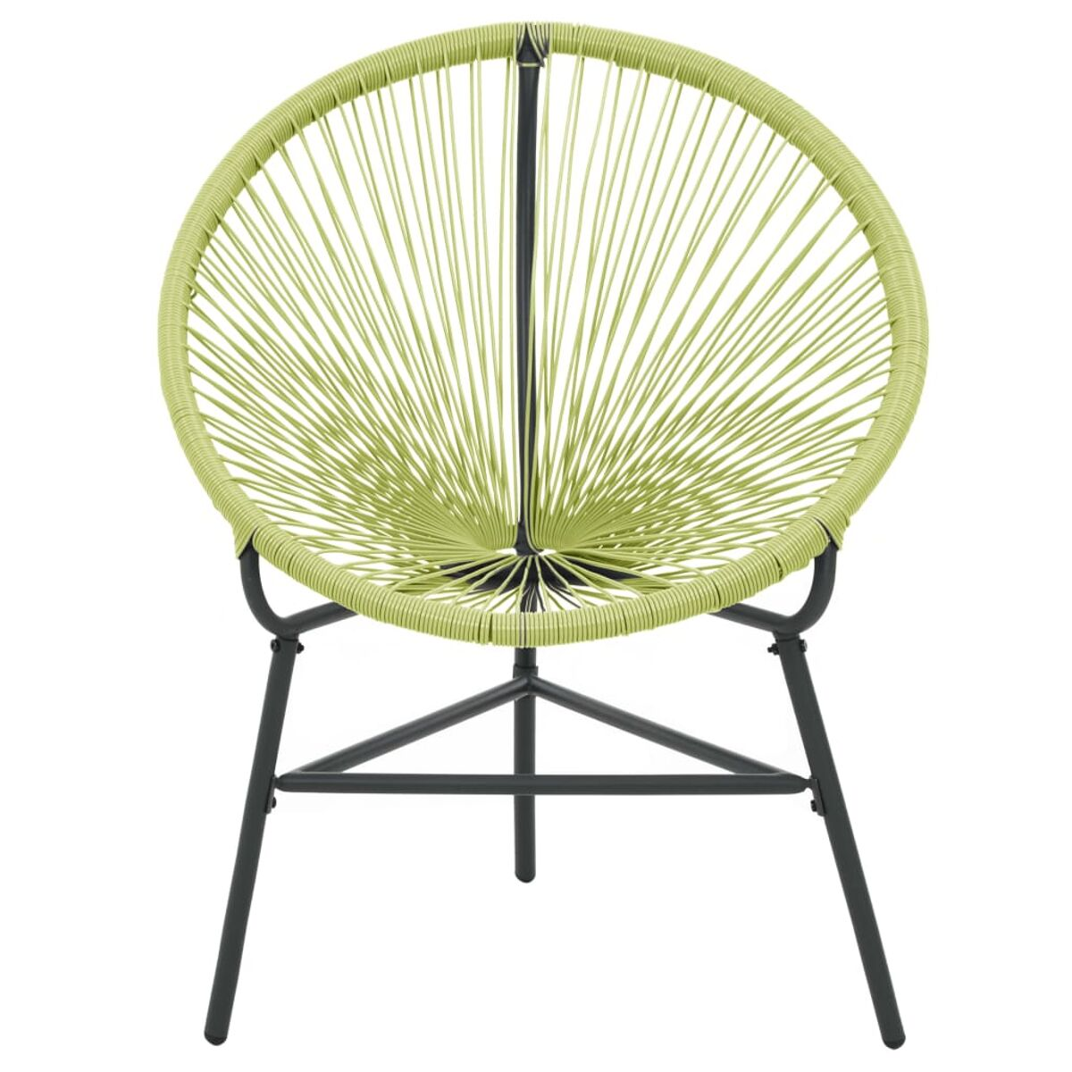 Grüner runder Stuhl mit schwarzem Rahmen und grünem Seil, weißer Hintergrund. Einfaches Design.