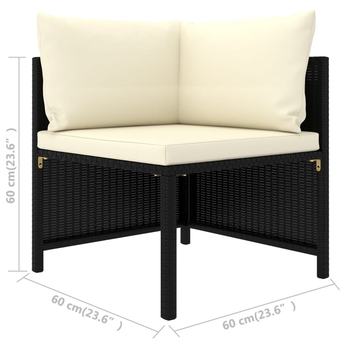 Schwarzes Ecksofa mit cremefarbenen Kissen. Gewebte Textur, weißer Hintergrund. Maße sind sichtbar.