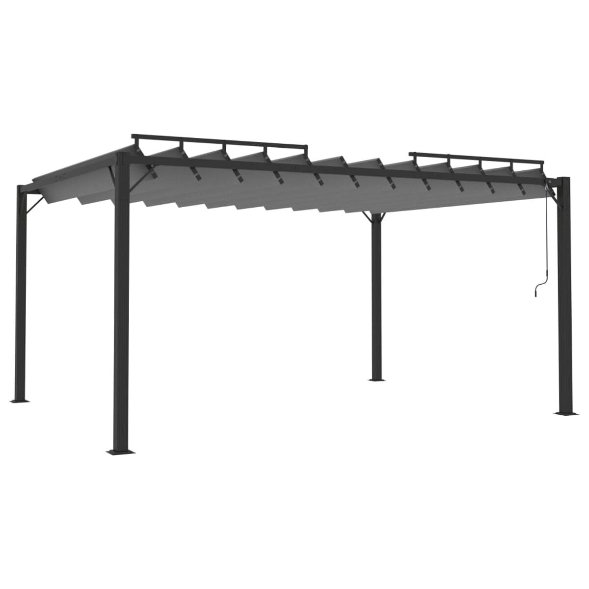 Eine schwarze Metallpergola mit grauem, einziehbaren Vordach. Weißer Hintergrund.