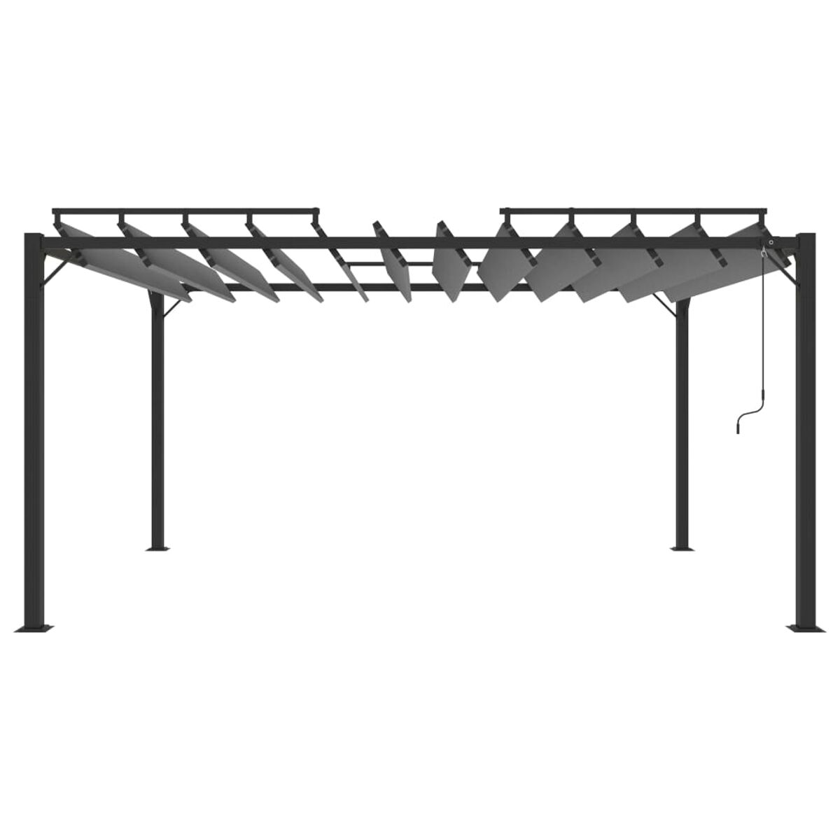 Eine schwarze Pergola mit grauen Stoffschirmen auf weißem Hintergrund.