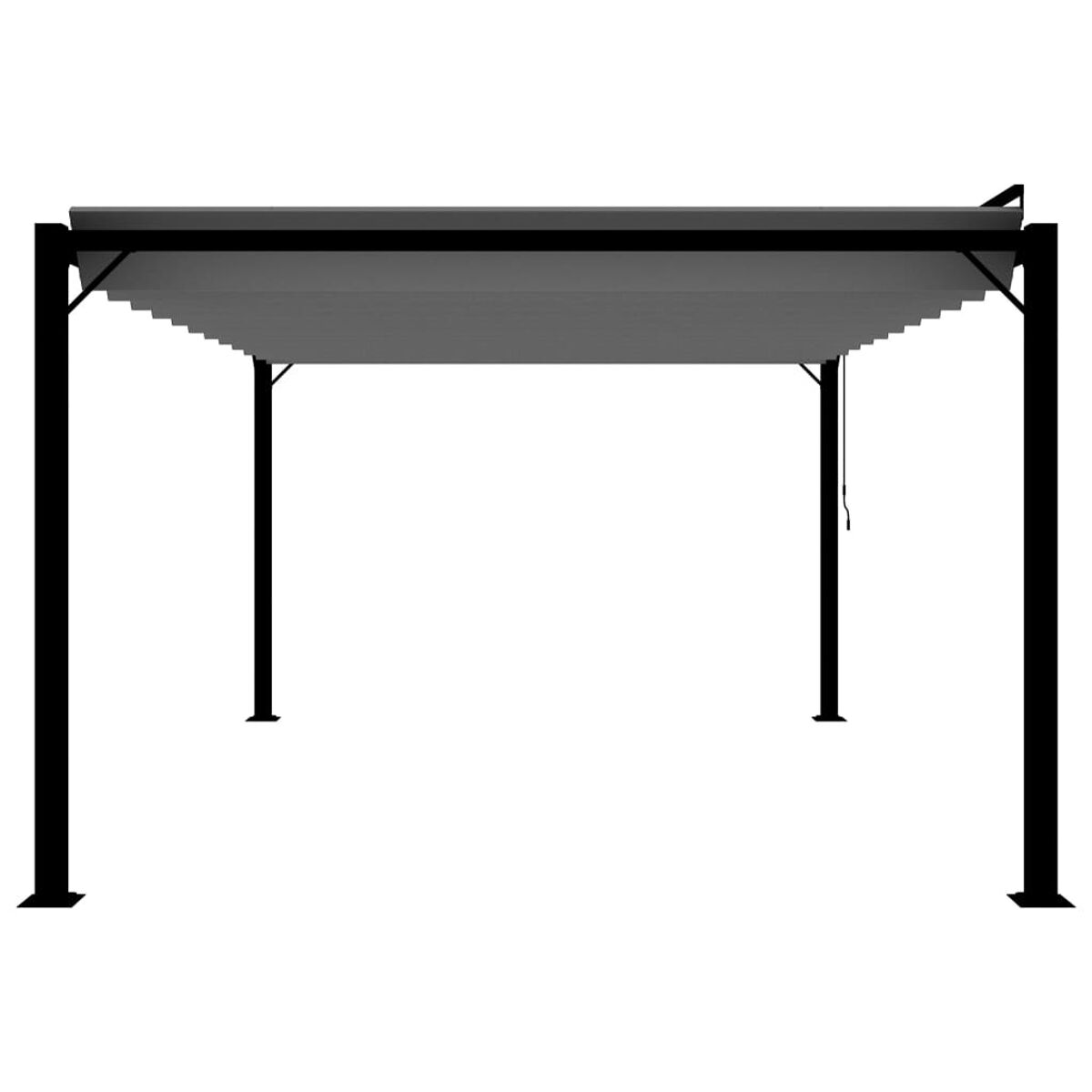 Schwarze Pergola mit grauem Dach und schwarzen Säulen, isoliert auf weißem Hintergrund.