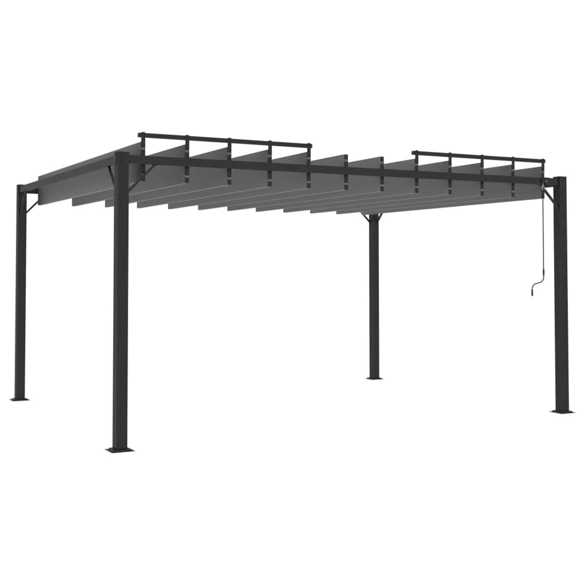 Eine graue Pergola mit einem einziehbaren Vordach vor weißem Hintergrund.