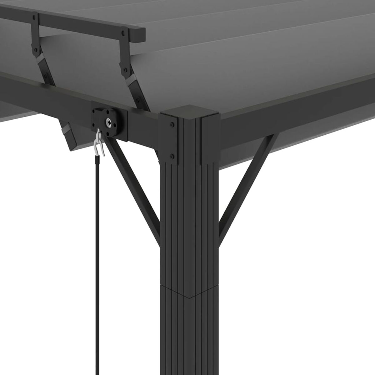 Nahaufnahme der schwarzen Pergola-Struktur. Schwarzer Metallrahmen und ein schwarz-graues Vordach.