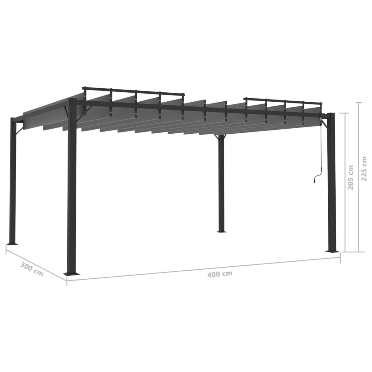 Pergola mit grauem Dach, schwarzen Stützen, Maße 400cm x 300cm. Höhe 225 cm.