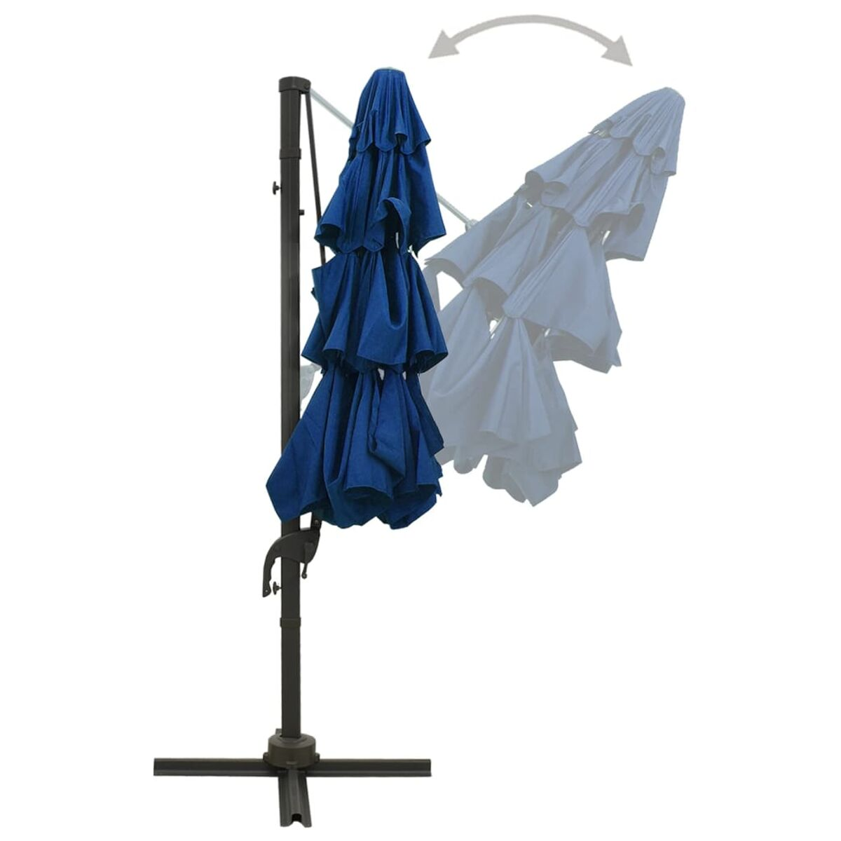 Blauer Schirm mit mehreren Ebenen, in verschiedenen Positionen gezeigt. Braune Stange, weißer Hintergrund.