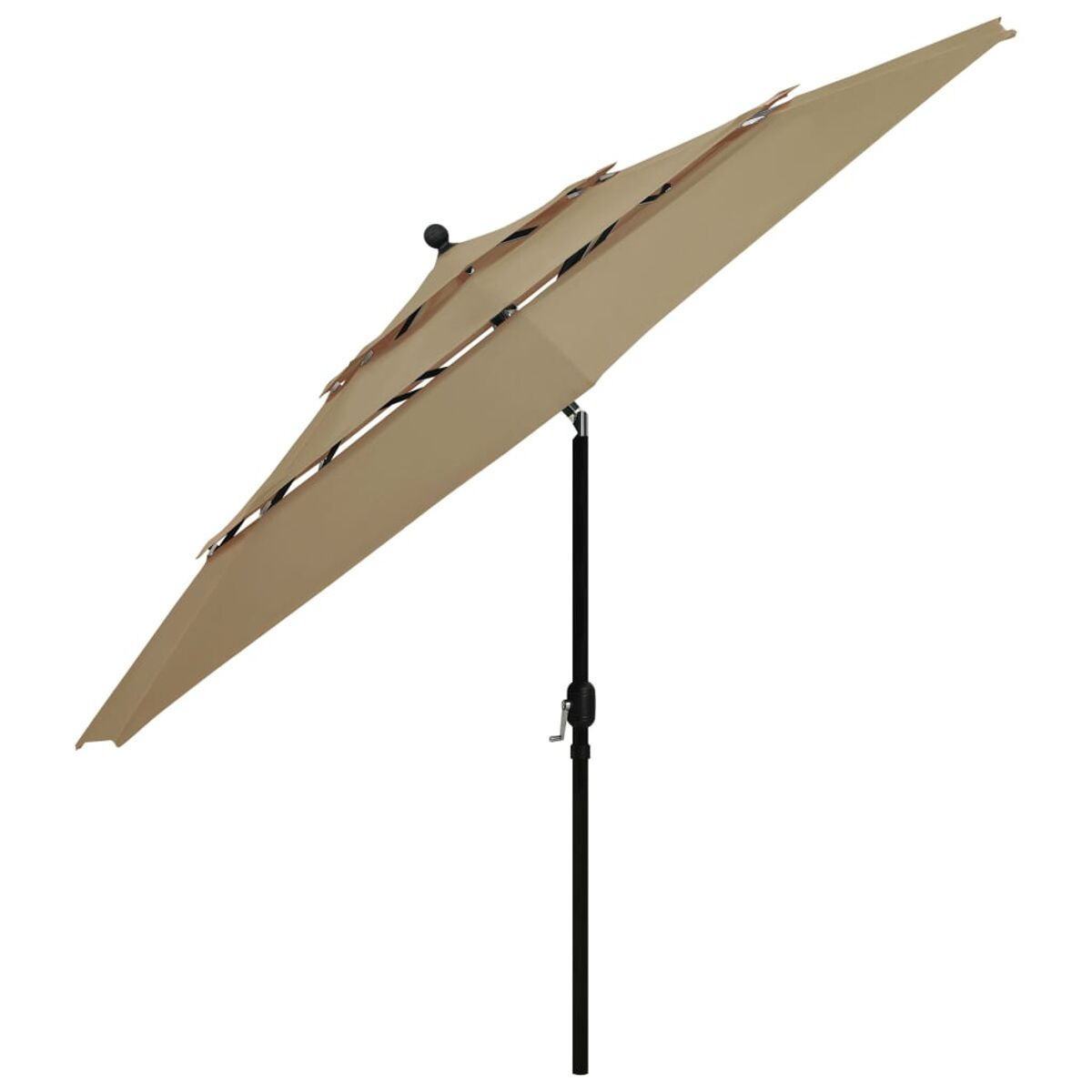 Beiger, mehrstufiger Regenschirm mit schwarzem Mast. Der Schirm ist abgewinkelt.