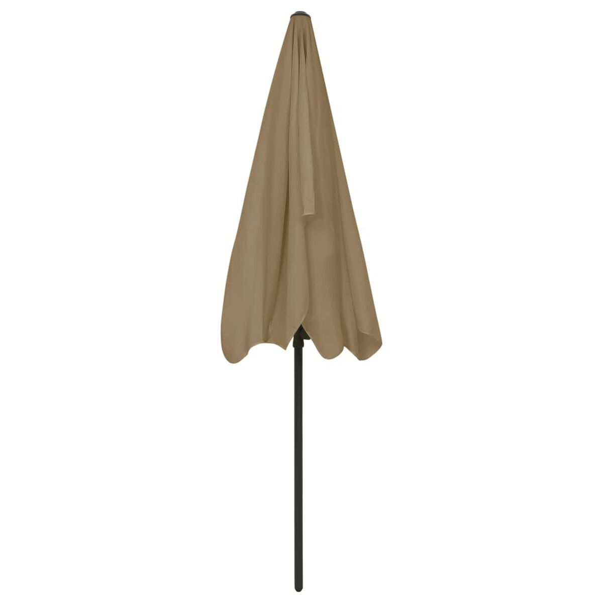 Beiger Regenschirm mit dunklem Mast. Isoliert auf weißem Hintergrund.