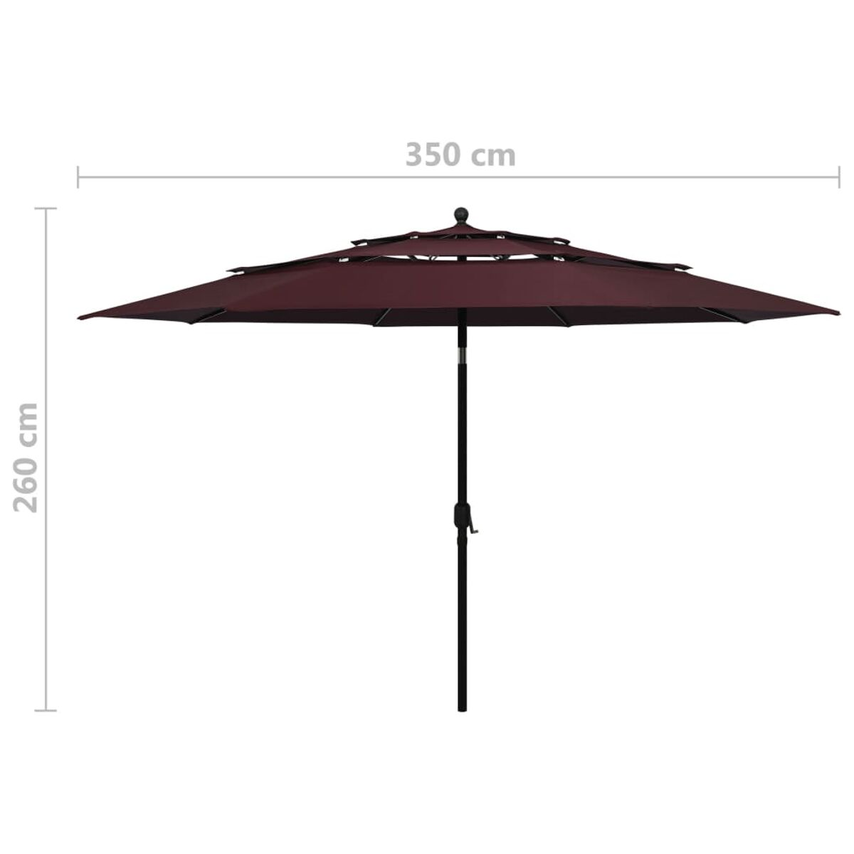 Burgunderfarbener Sonnenschirm, 350 cm breit, mit schwarzem Mast.