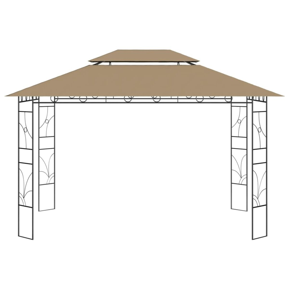 Ein brauner Pavillon mit schwarzem Metallrahmen. Er hat ein mehrstufiges Dach und ein dekoratives Design.