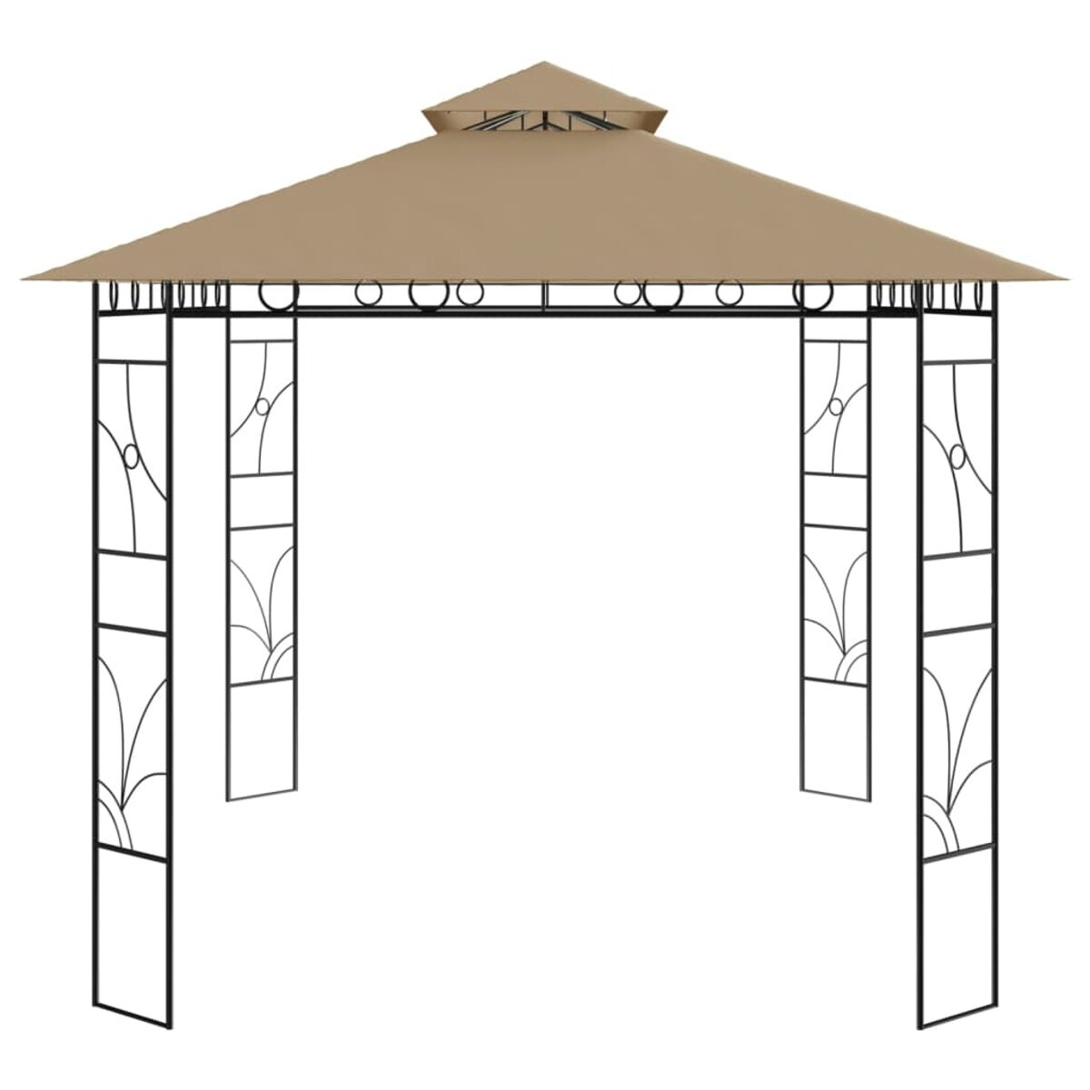 Beiger Pavillon mit schwarzem Rahmen. Quadratische Form, detailliertes Rahmendesign. Weißer Hintergrund, Draufsicht.