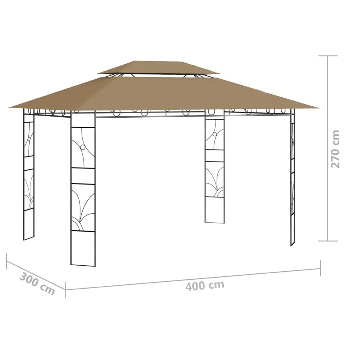 Pavillon, braunes Dach, schwarzer Rahmen, Maße 300 cm x 400 cm, Höhe 270 cm.