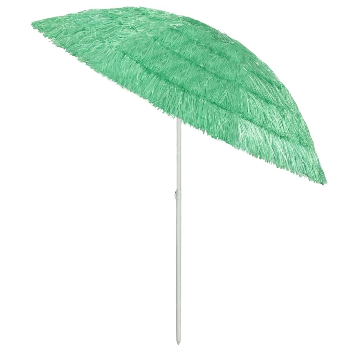 Ein grüner Sonnenschirm. Er ist geöffnet und hat einen weißen Pfahl.