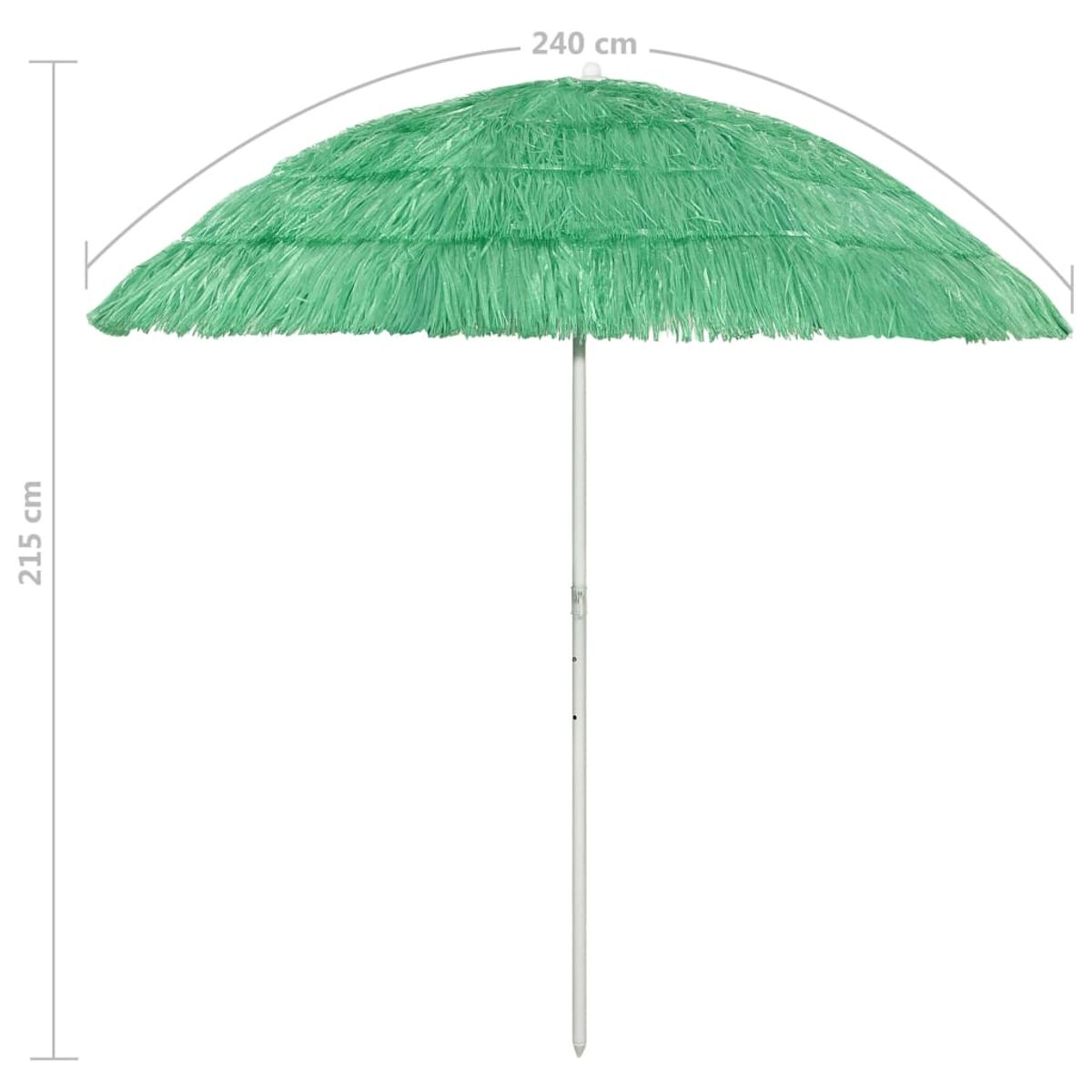 Grüner Strandsonnenschirm mit Maßen. Er hat einen weißen Pfahl und ist ganz geöffnet.
