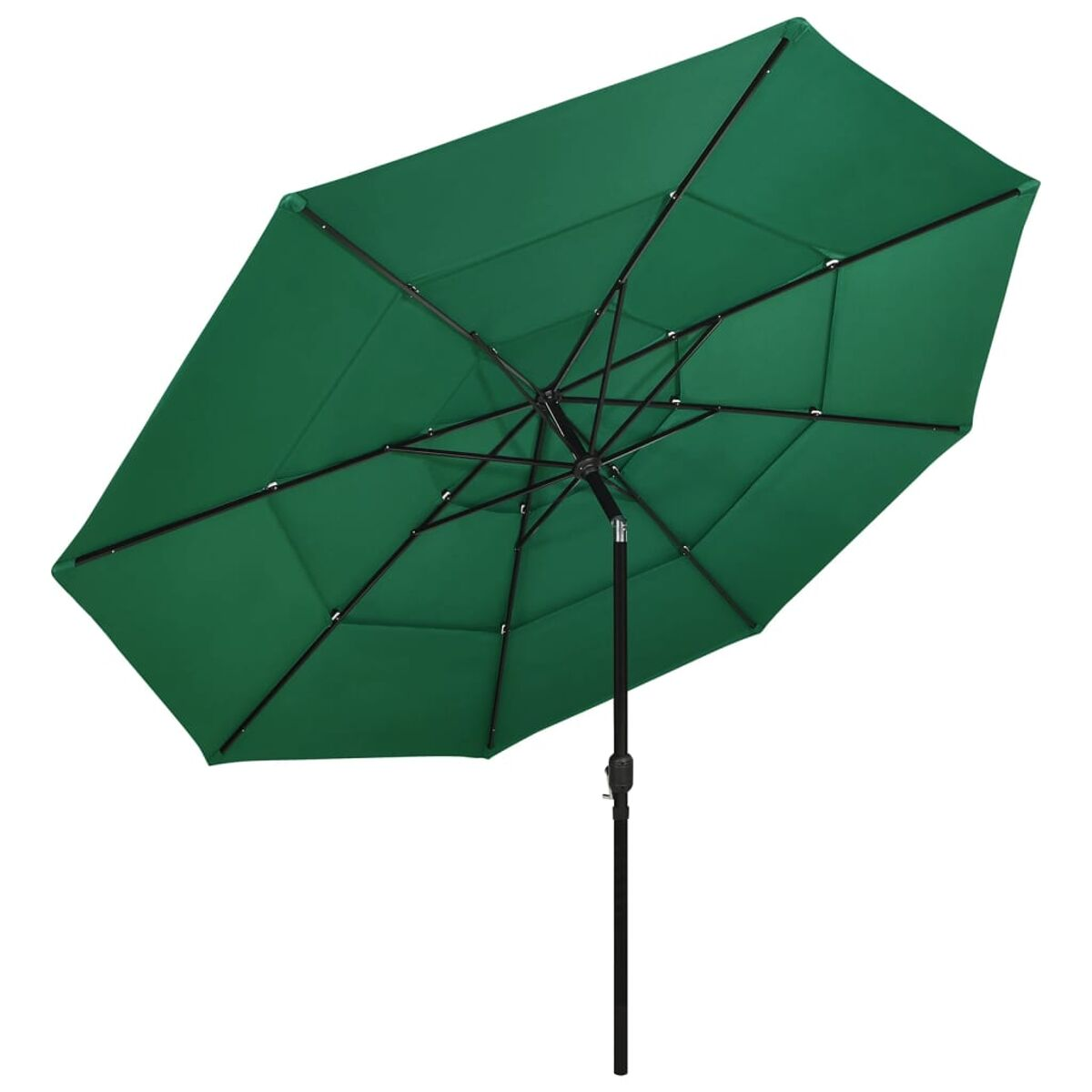 Grüner Sonnenschirm, Draufsicht. Er hat schwarze Stützbalken und eine zentrale Stange.