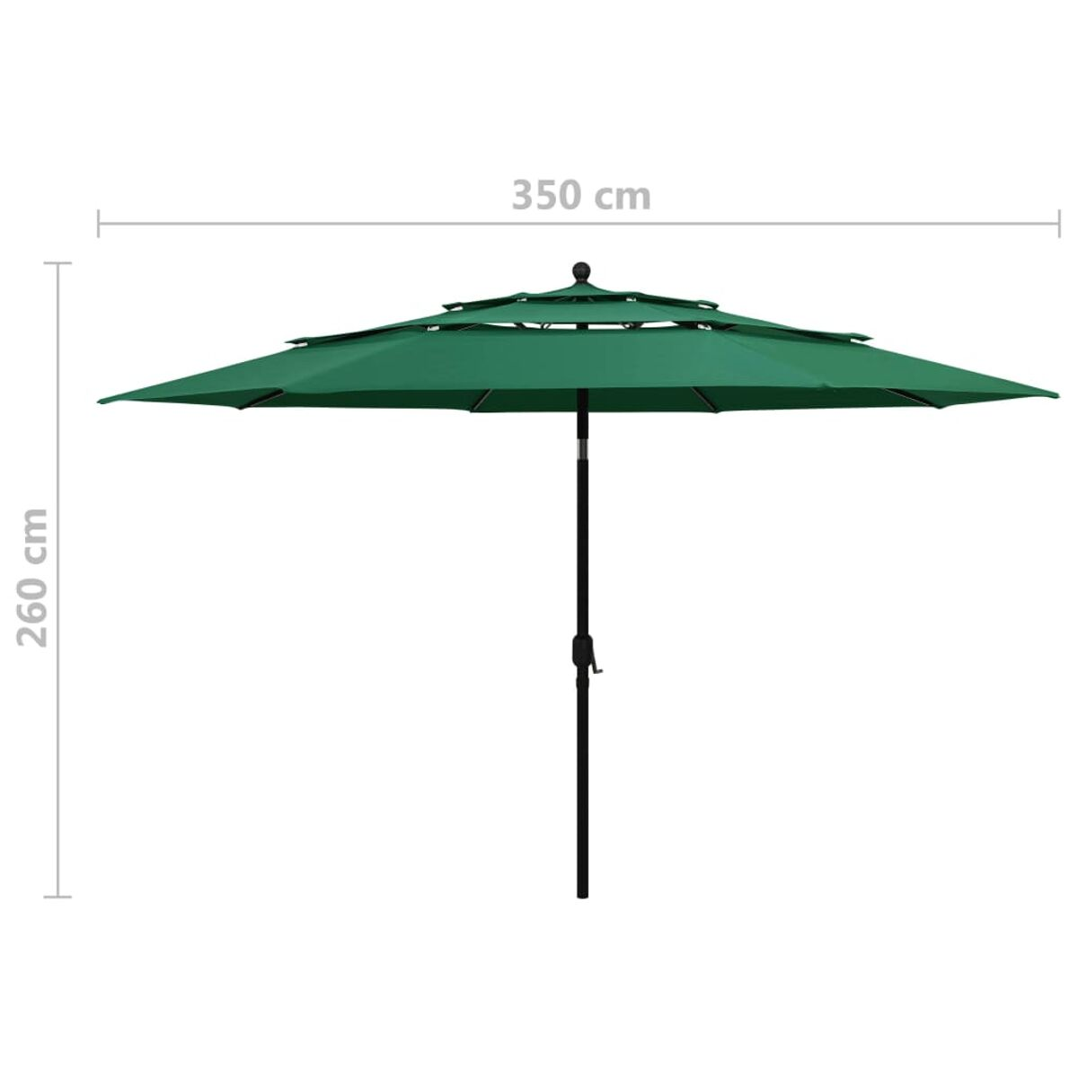 Ein großer grüner Sonnenschirm, geöffnet. Er misst 350 cm breit und 260 cm hoch.