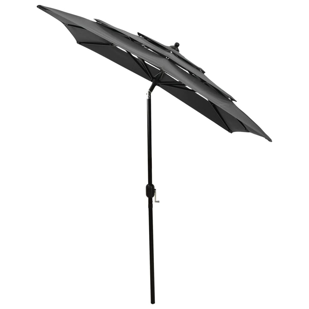 Ein schwarzer, mehrstufiger Sonnenschirm. Er ist geöffnet, mit schwarzem Mast, weißer Hintergrund.