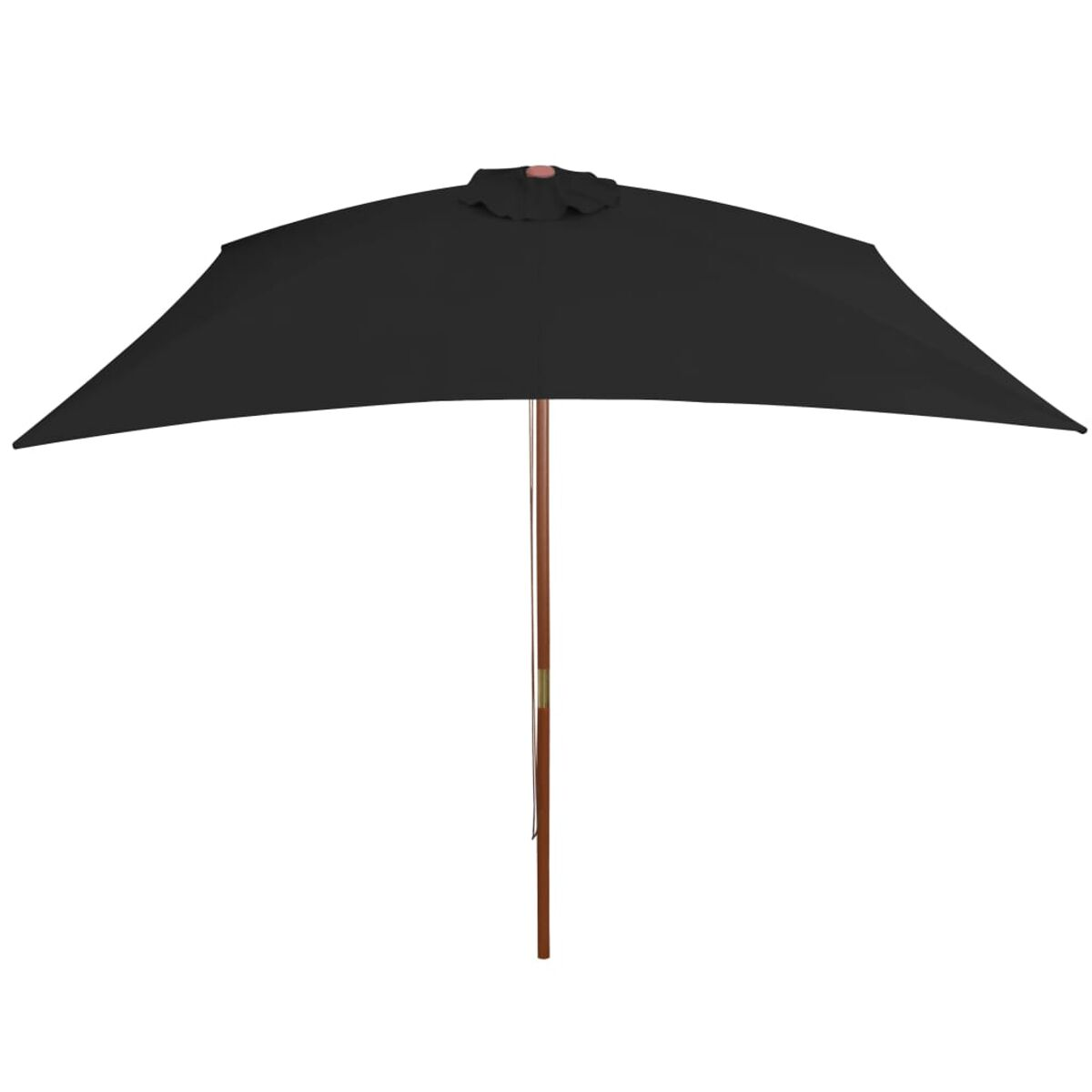 Schwarzer rechteckiger Regenschirm. Der Schirm ist geöffnet, der Pfahl aus Holz.