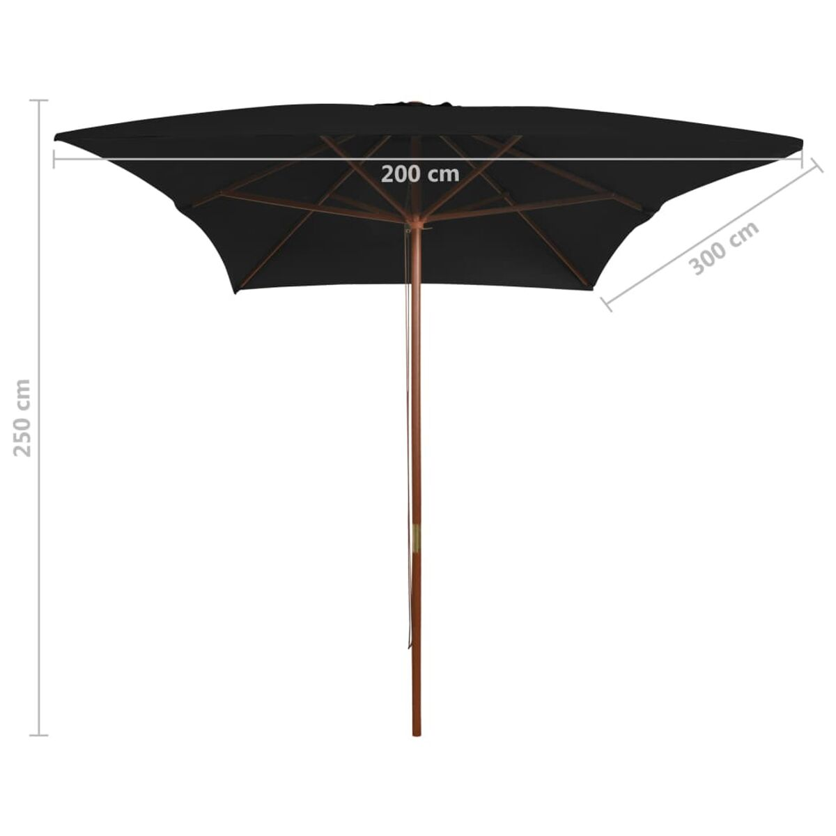 Schwarzer quadratischer Sonnenschirm mit Holzstiel. Abmessungen: 200cm x 300cm, 250cm hoch.