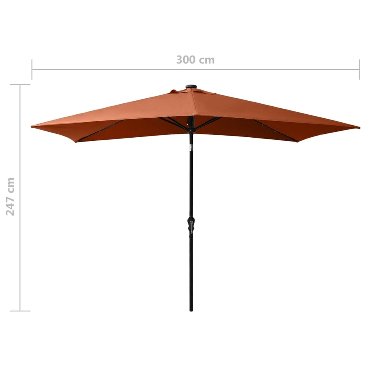 Ein großer, orangefarbener rechteckiger Sonnenschirm mit schwarzem Mast und einer Breite von 300 cm und einer Höhe von 247 cm.