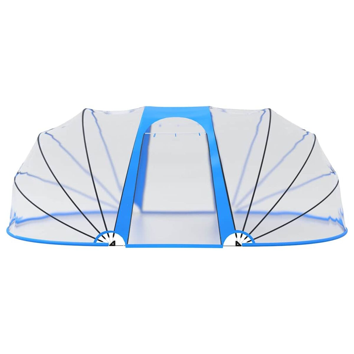 Blau-weißer Pop-up-Lebensmittelbehälter, transparenter Deckel, gewölbter Rahmen.