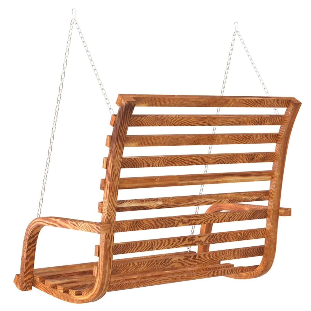 Holzschaukel mit Lattenrücken und Sitz. Hängt an Ketten. Weißer Hintergrund.