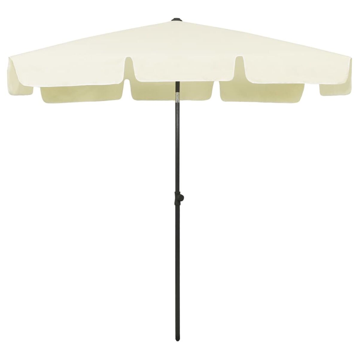 Cremefarbener Sonnenschirm mit dunklem Mast, gewellten Rändern.
