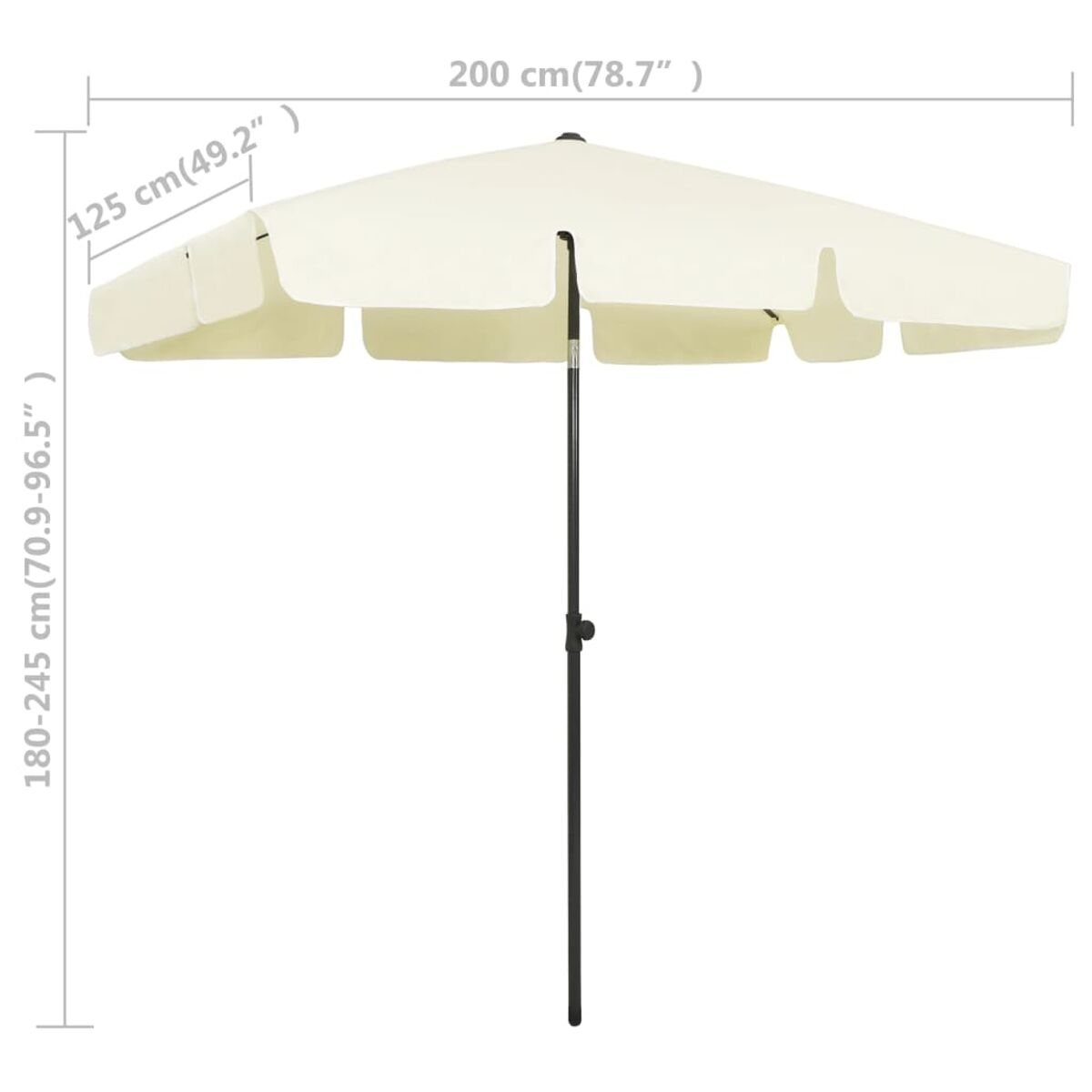 Cremefarbener Schirm mit schwarzem Mast. Maße: 200x125x180-245cm.