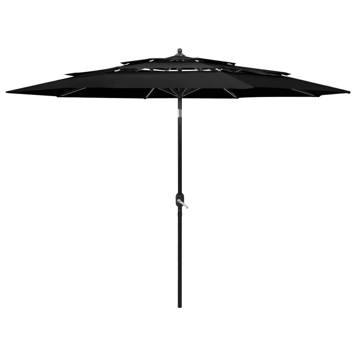 Schwarzer, mehrstufiger Regenschirm mit schwarzem Mast. Weißer Hintergrund.