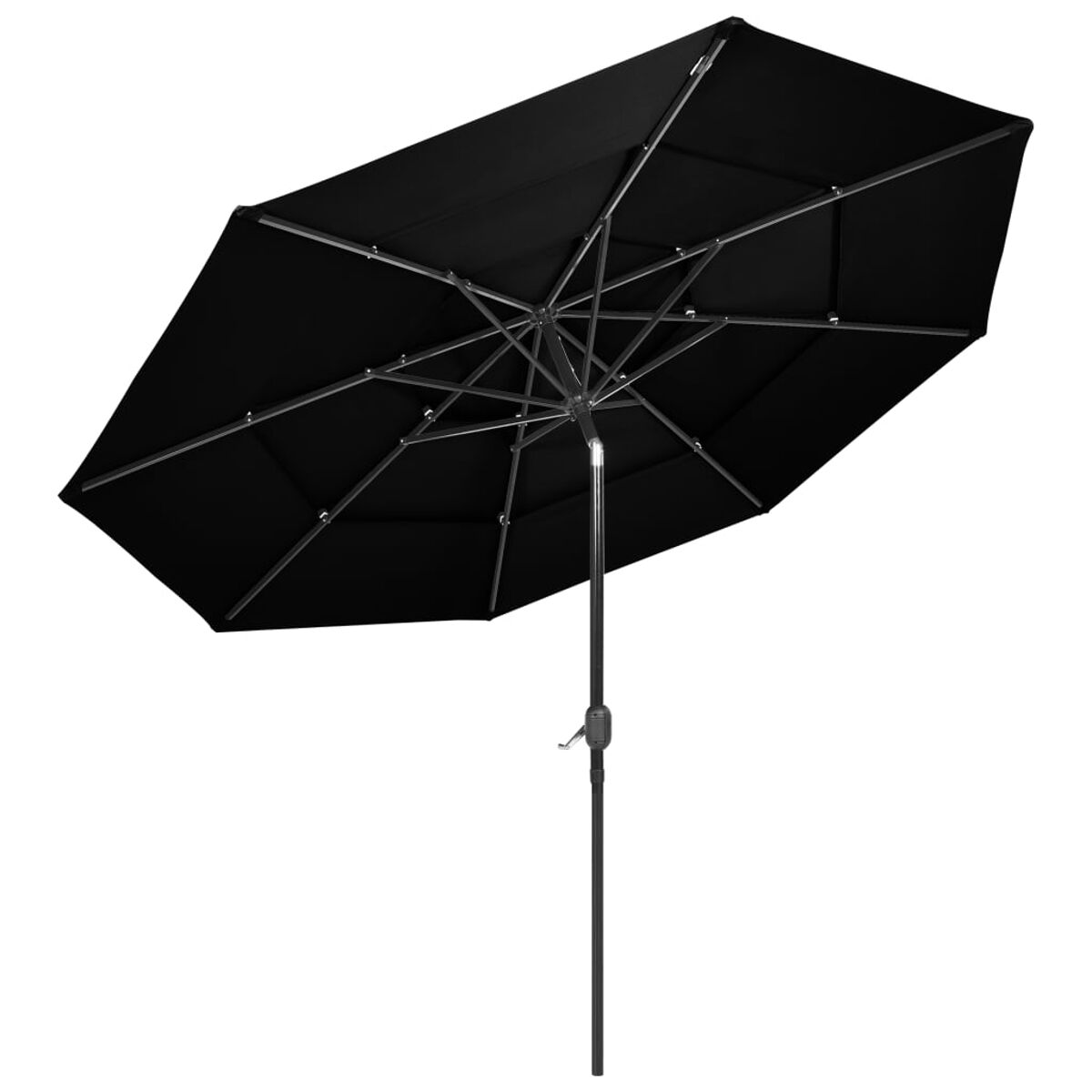 Ein schwarzer offener Regenschirm mit schwarzem Pfosten und Metallrahmen.