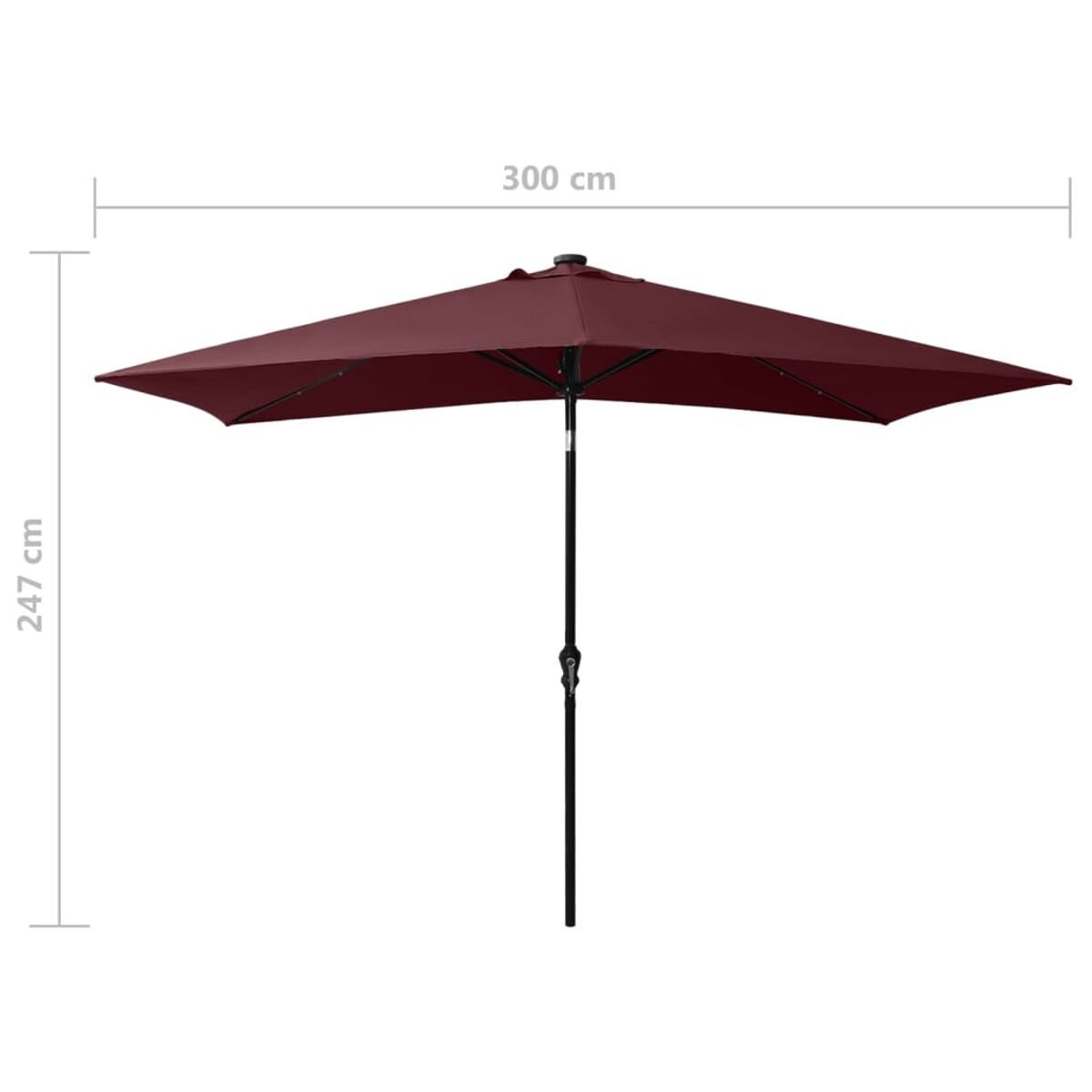Offener weinroter Sonnenschirm mit Maßen. Er ist 300 cm breit und 247 cm hoch.