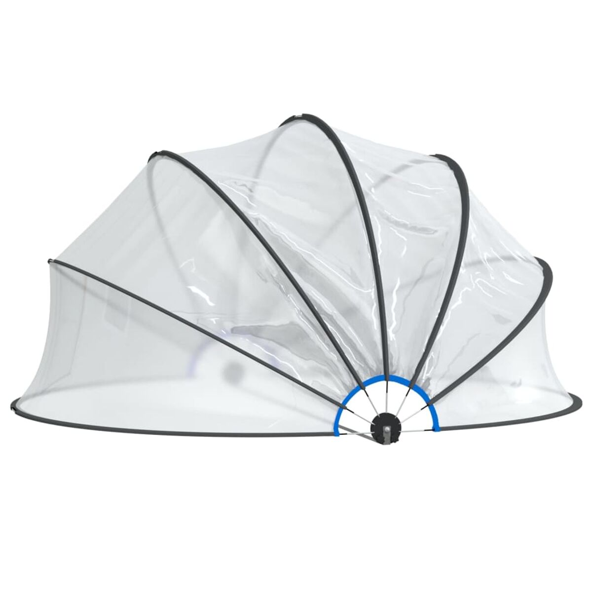 Transparente Abdeckung mit schwarzem Rahmen, blaues Detail auf weißem Grund.