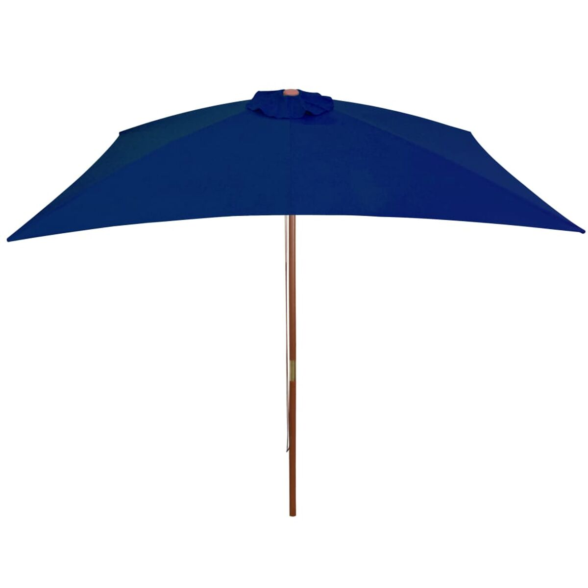 Ein blauer offener Regenschirm mit Holzstange. Der Schirm ist breit und quadratisch geformt.