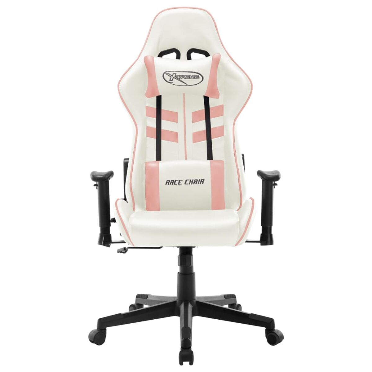 Weißer und rosa Gaming-Stuhl. Er hat eine Kopfstütze und eine Lendenwirbelstütze. Der Text 'RACE CHAIR' ist sichtbar.