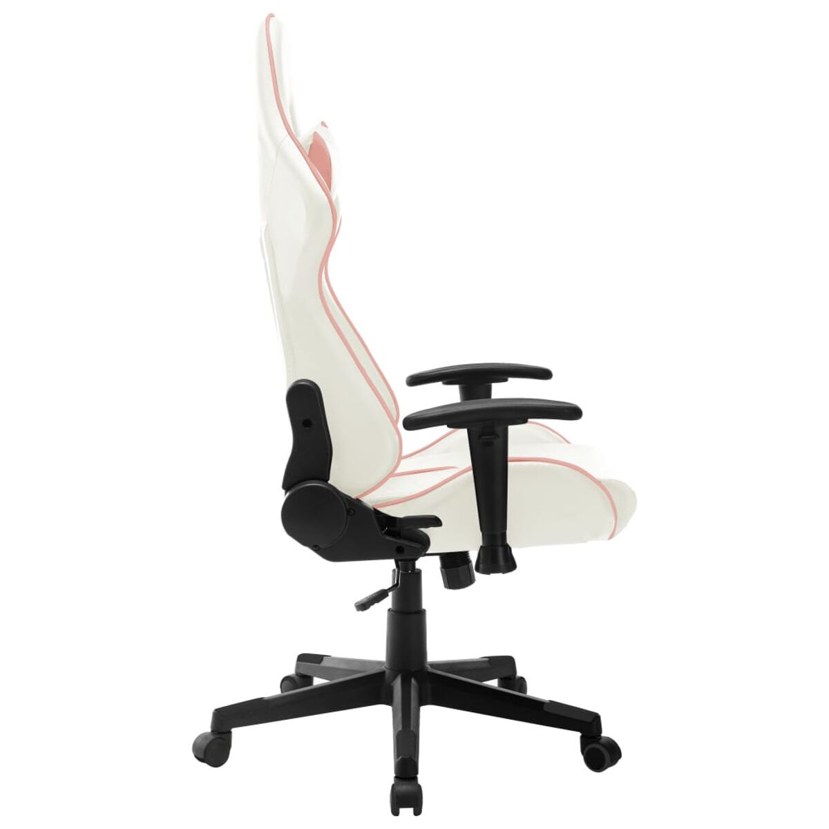 Weiß-rosa Gaming-Stuhl, Seitenansicht, mit schwarzen Armlehnen und Gestell.