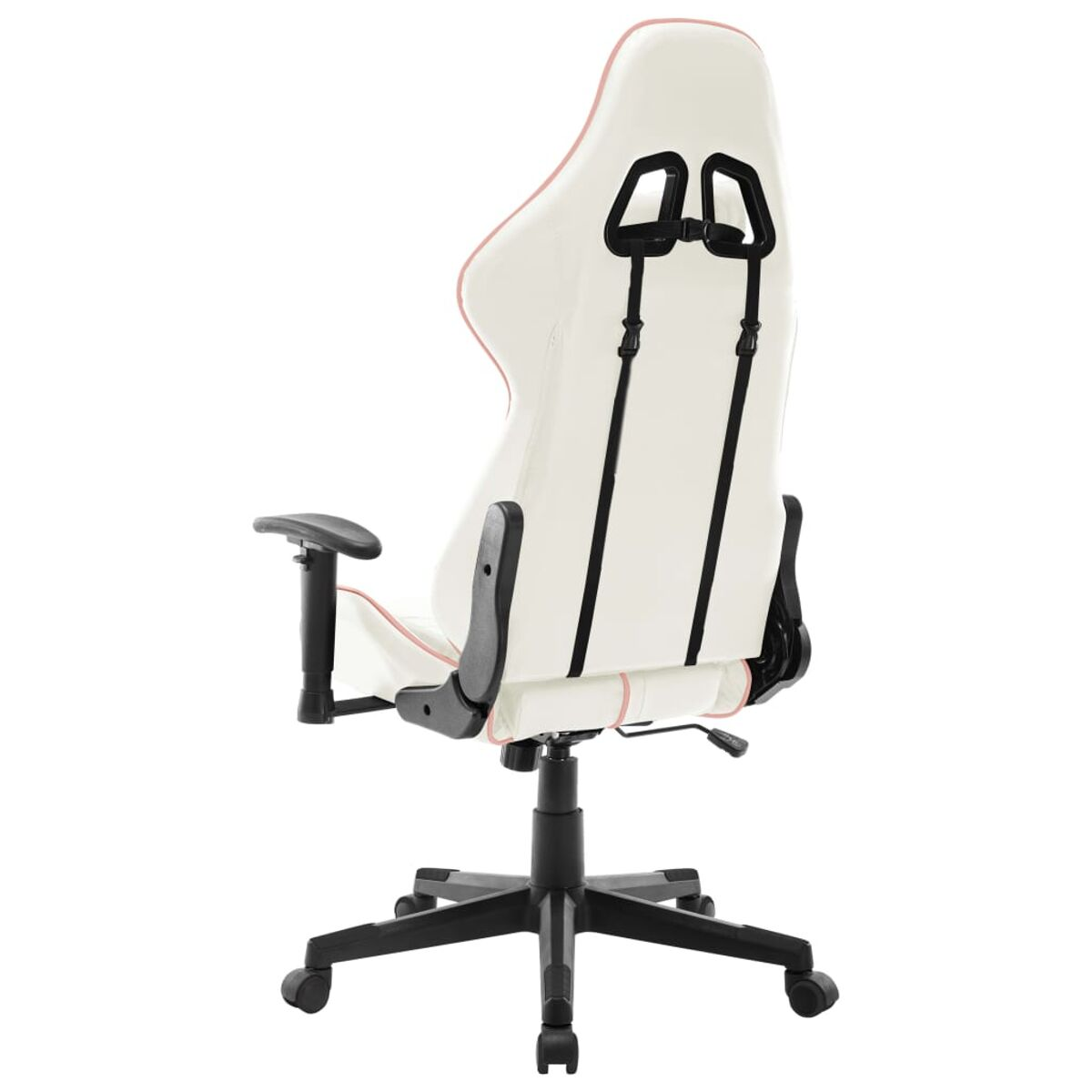 Weißer Gaming-Stuhl von hinten. Er hat schwarze und rosa Akzente. Schwarze Armlehnen und Basis.