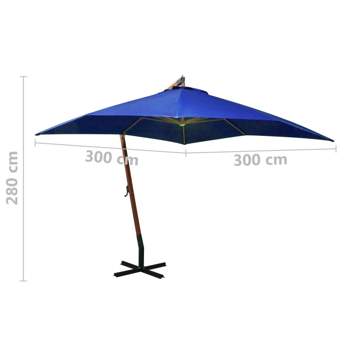 Blauer rechteckiger Sonnenschirm mit beschrifteten Abmessungen, Holzpfahl und schwarzem Sockel.