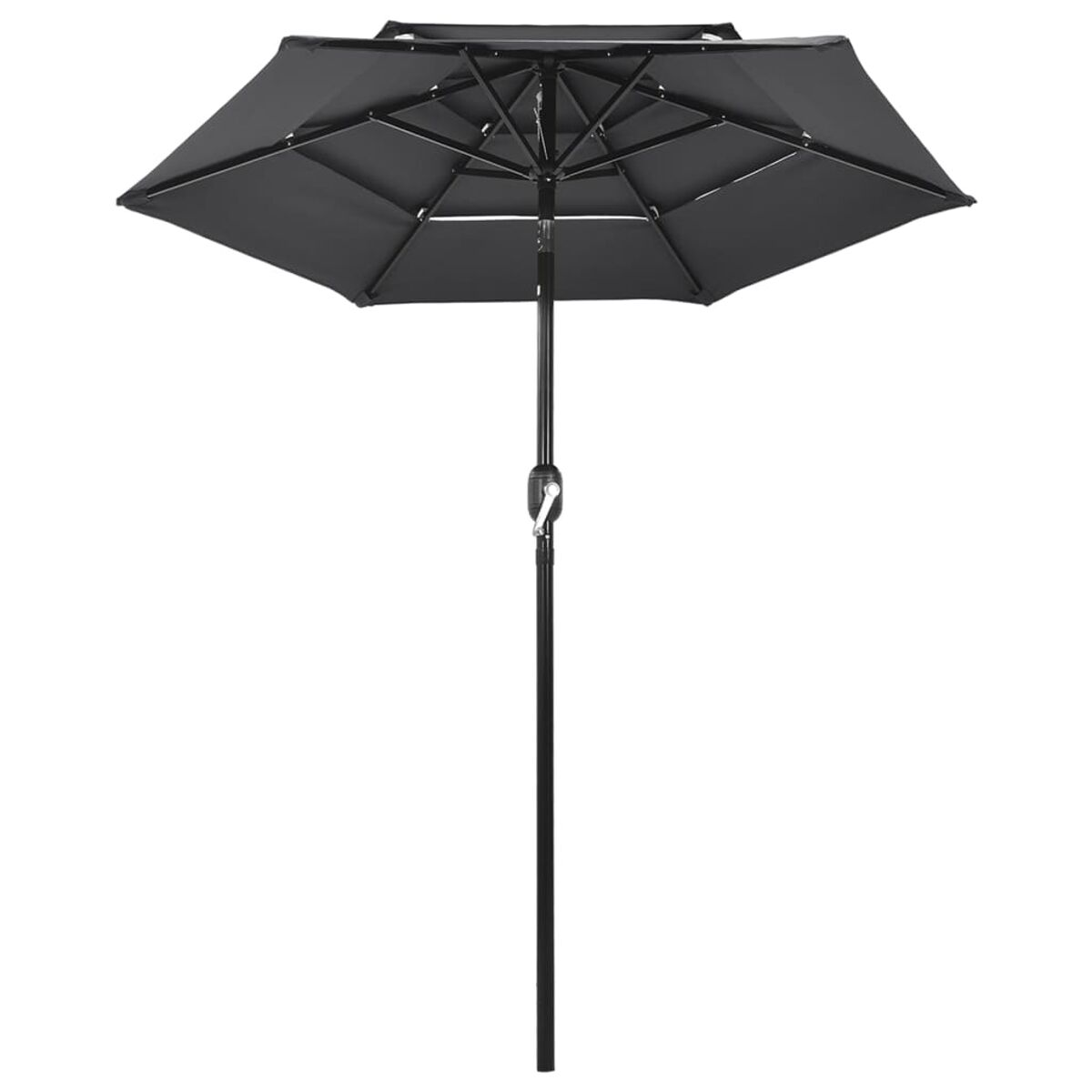 Ein schwarzer Outdoor-Schirm, offen, auf weißem Hintergrund.