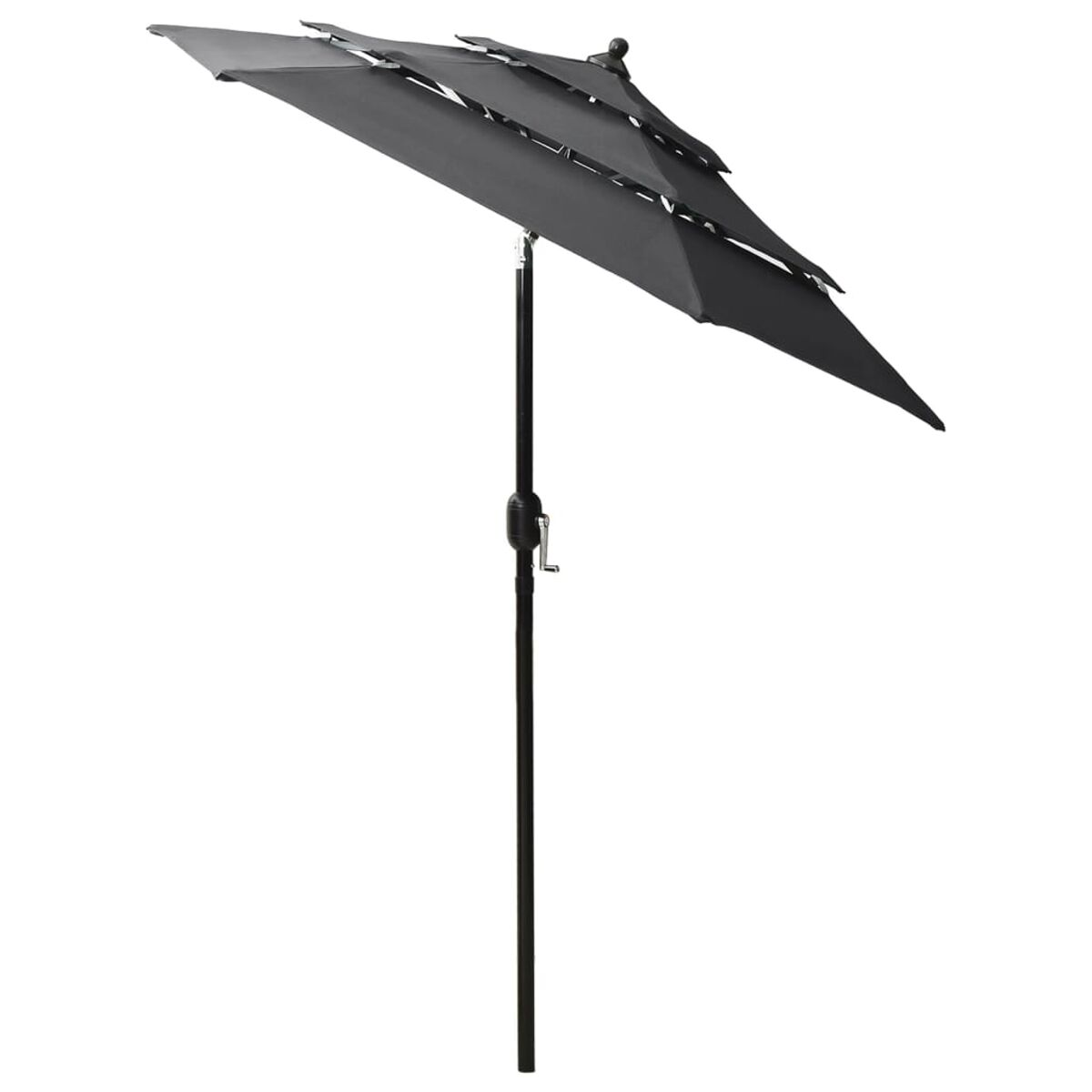 Schwarzer, mehrstufiger Regenschirm mit dunklem Mast. Isoliert auf weißem Hintergrund.