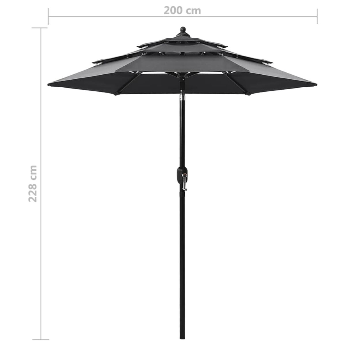 Schwarzer und grauer Terrassenschirm. Er ist 228 cm hoch und 200 cm breit. Es hat mehrere Ebenen.