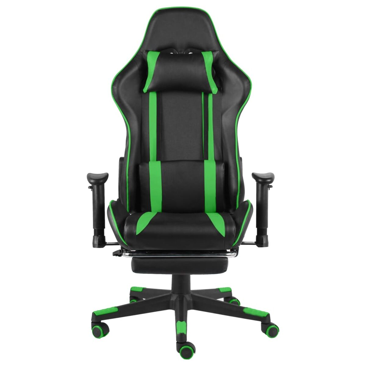 Una sedia da gioco nera e verde, rivolta in avanti, con braccioli e poggiapiedi.