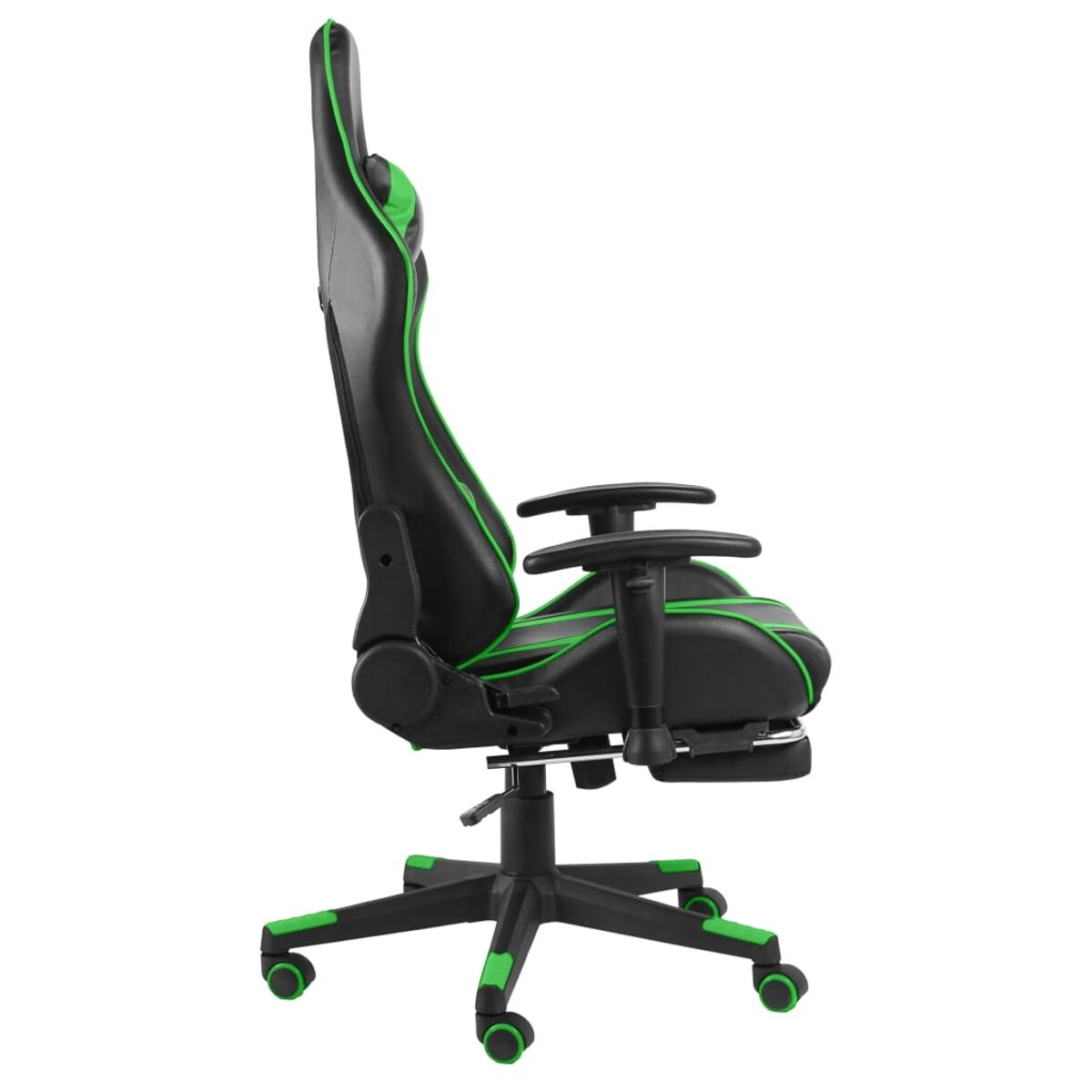 Una sedia da gioco nera con dettagli verdi. Ha un poggiatesta e braccioli.