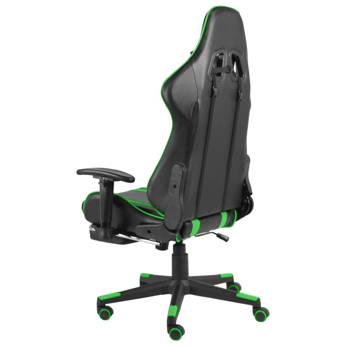 Una sedia da gaming in nero e verde. Ha schienale alto, braccioli e base a stella.