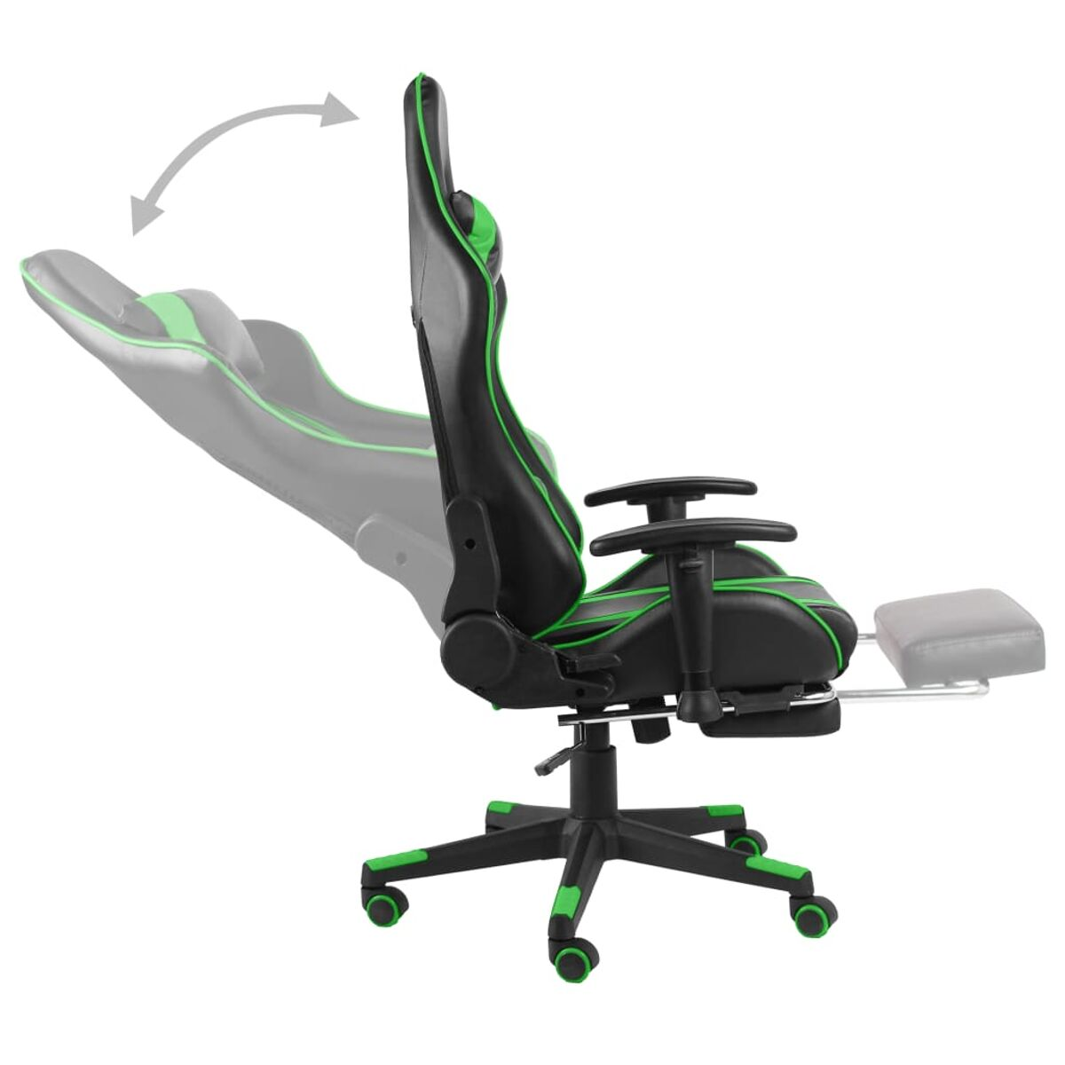 Sedia da gaming nera e verde. Poggiagambe esteso. Accenti verdi. Vista laterale.