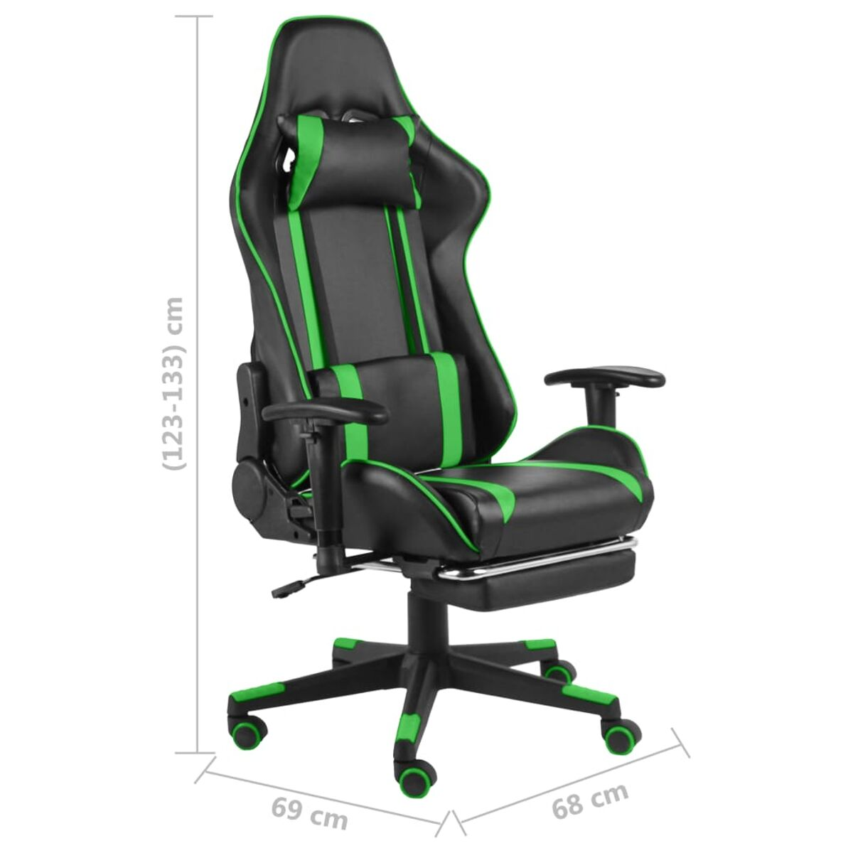 Sedia da gaming nera e verde. Base nera, dettagli verdi. Sfondo bianco con indicatori di dimensioni.