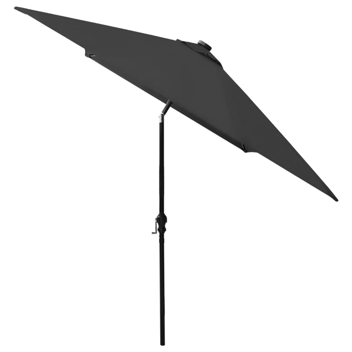 Ein schwarzer Sonnenschirm, geneigt. Der Mast ist schwarz, der Hintergrund ist weiß.