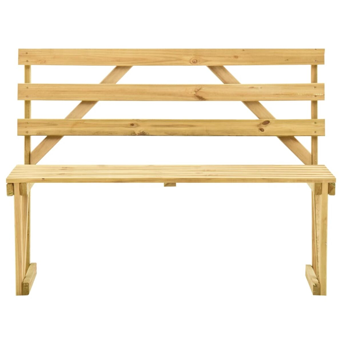 Picknickbank aus Holz mit Lattenrücken und Sitzfläche. Einfaches Design, helle Holzfarbe.
