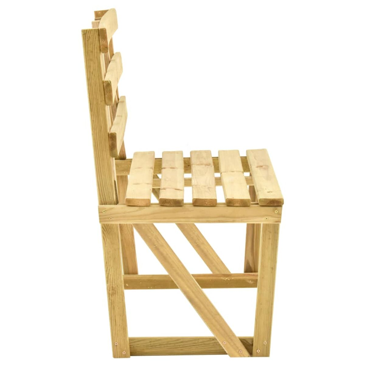 Seitenansicht eines Holzstuhls mit Lattenrost und Rückenlehne, helles Holz.